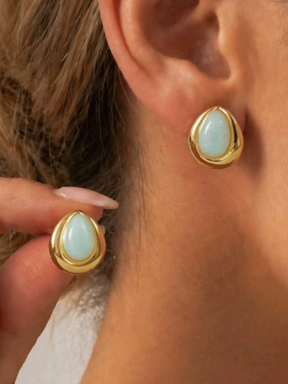 Light Blue Teardrop Stone Gold Stud Statement Earrings